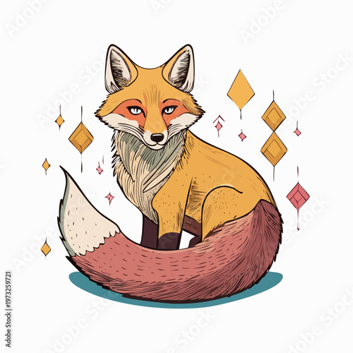 Colorful cartoon red fox sitting down.