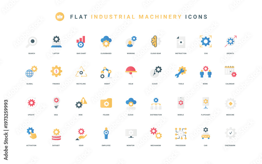 Naklejka premium Innovation of software, processor, warning sign thin symbols vector illustration. Gears and cogwheels in industrial machine, engine and mechanism, system development flat icon set.
