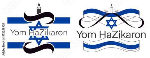 Yom HaZikaron designs with candle, black ribbon, Star of David and stylized Israeli flag, isolated on transparent background