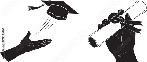 Graduation Cap Toss and Diploma Hand Silhouette – Education Achievement Concept Illustration. Black and white hand tosses college cap. Degree ceremony concept.