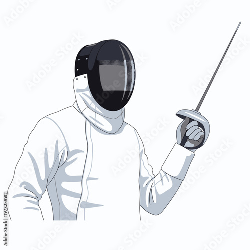 Fencer in protective gear holding foil, ready for combat, white background