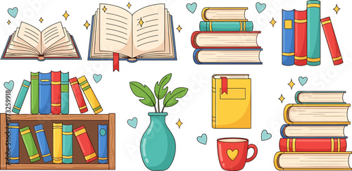 Cute Cartoon Books and Reading Elements Collection Vector Illustration