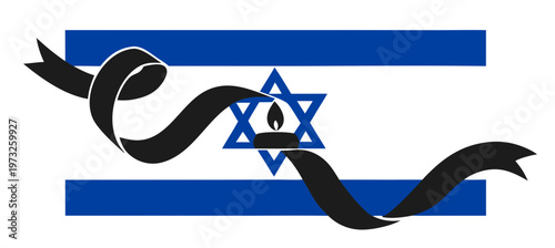 Candle with a black ribbon with Star of Davis and stylized Israeli flag, Memorial Day design,on transparent background