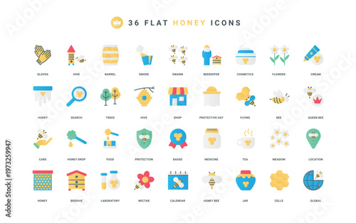 Bee honey food and medicine, cosmetics, beehive and beekeeper in protective suit color icon set. Bee protection, apiary location, honey quality mark from laboratory flat elements vector illustration