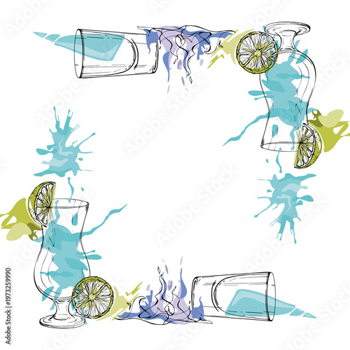 Electric lemonade, Blue Hawaii, flaming Kamikaze shot silhouettes with citrus accents and abstract splashes. Vector frame hand drawn in ink for posters, social headers, menu tops and modern decor.