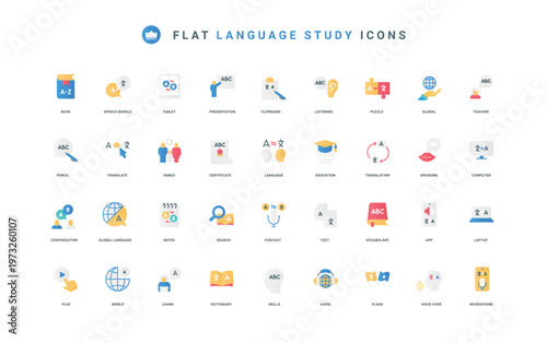 language school certificate, application to translate thin symbols vector illustration. Foreign language learning and translation, speak and listen, dialog skill flat icon set