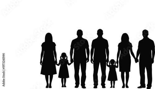 Large Extended Family Silhouette with Parents and Children Standing Together in a Row Representing Unity and Strong Diverse Generational Family Bonds