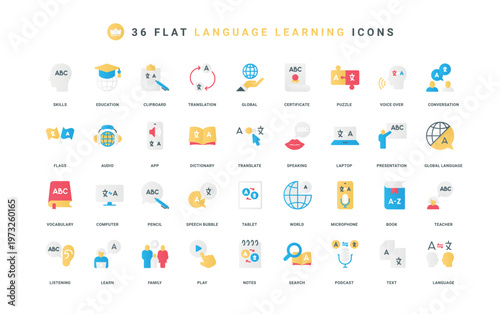 English and foreign language learning, dictionary book and vocabulary app, education color icon set. speech bubbles of multilingual dialogue, interpreters service flat elements vector illustration