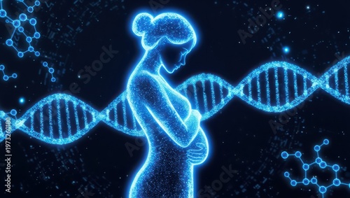 Pregnant woman silhouette with DNA double helix structure and molecular connections