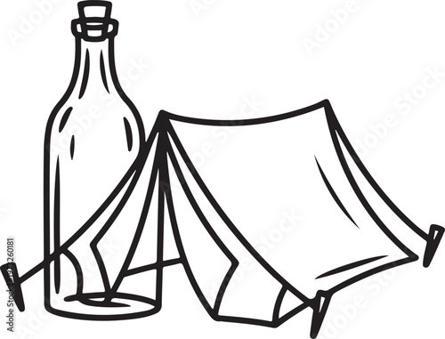 Simple line art illustration of a classic outdoor camping tent paired with a rustic corked bottle, representing essential provisions and shelter for wilderness adventures and nature getaways