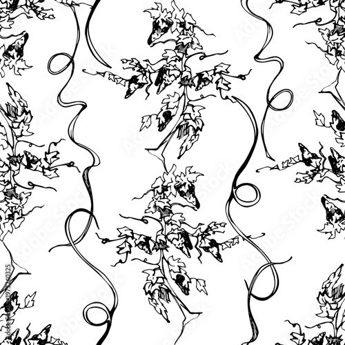 Decorative seamless pattern of grapevine, grape bunches on twisted trunks, lush foliage, tendril curve stripes. Ink vector hand drawn illustration. Wine labels, gift wrap, upholstery surface design