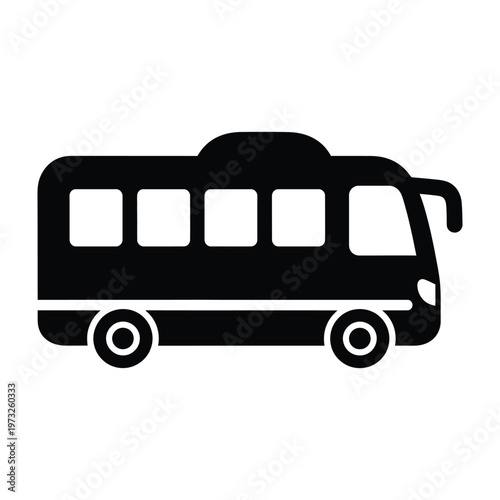 Solid black silhouette of a minibus, side view, public transport, white background, motor vehicle, passenger vehicle, shuttle bus, tour bus