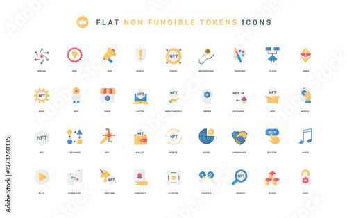 Art painting gallery, gaming, blockchain thin symbols vector illustration. Non fungible token of future, NFT shop market and auction to buy and sell, exchange flat icon set