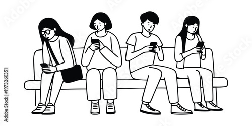 A group of men and women using phone Vector silhouette