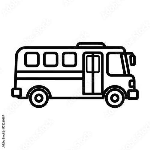 Outline icon of a minibus with open door, side view, public transport, line art, white background, motor vehicle, passenger vehicle