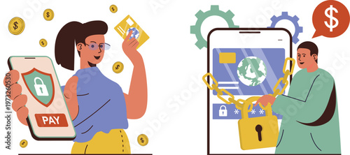 Digital payment and financial security on mobile devices illustrated with people.