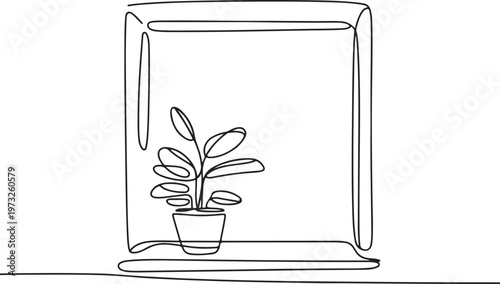 Minimalist Line Art Illustration of a Potted Houseplant on a Windowsill