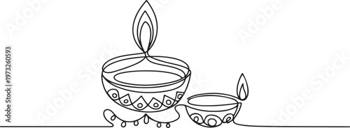 Elegant continuous line art illustration of traditional Indian oil lamps with lit flames, symbolizing cultural festivals, warmth, and spiritual light for festive celebrations