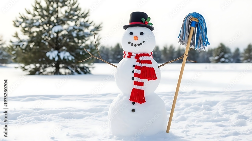 Fototapeta premium Snowman with hat and scarf stands in snowy winter landscape