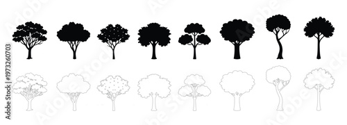 CAD Tree Front View Silhouette, Architectural Landscape Trees, AutoCAD Tree Black Filled Vector Set