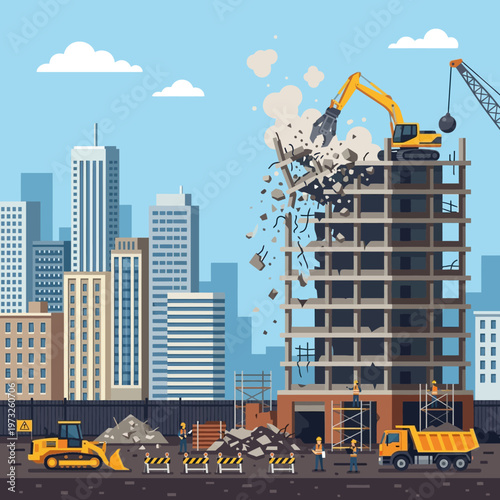 Urban Demolition Process Vector Illustration: Heavy Machinery and Excavator Tearing Down a Skyscraper in a Modern City Setting for Urban Renewal and Development Concepts.