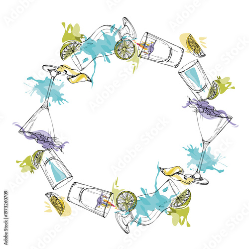 Circular turquoise wreath of aviation and blue lagoon cocktails, kamikaze shot, energy drinks lemonade. Hand drawn ink vector for party seals, label badges, bright packaging and nightlife branding.