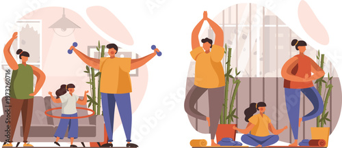 Family engaging in virtual reality exercise together at home