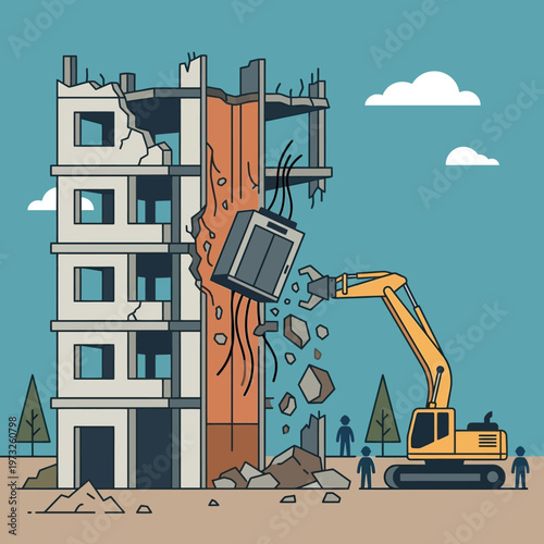 Heavy Machinery Excavator Demolishing Old Concrete Building for Urban Renewal and Redevelopment Project Flat Illustration