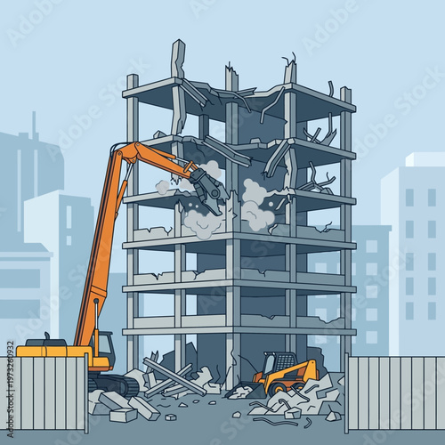 Building Demolition Site with Heavy Excavator Machinery Tearing Down Concrete Structure for Urban Redevelopment