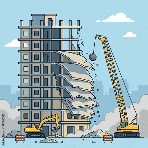 Building Demolition Site with Wrecking Ball Crane and Excavator Flat Illustration