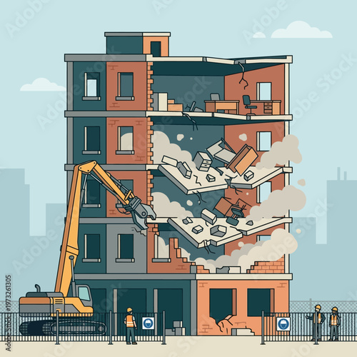 Urban Redevelopment Concept: Hydraulic Excavator Demolishing a Multi-Story Office Building with Dust, Debris, and Construction Workers Flat Illustration