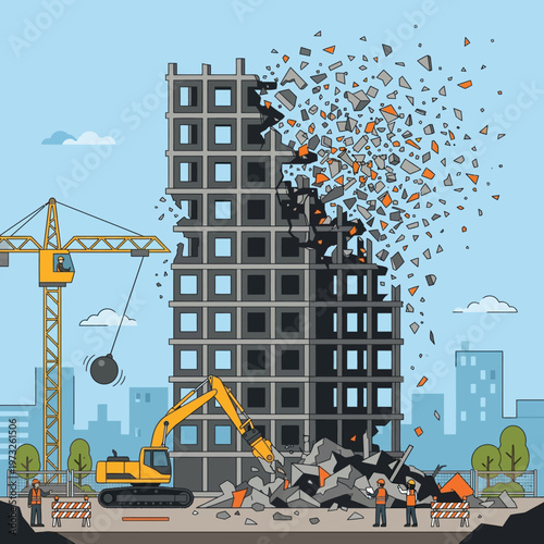Building Demolition Site with Wrecking Ball, Crane, Excavator and Workers. Flat Vector Illustration of Urban Redevelopment and Skyscraper Destruction.