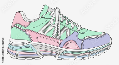 Colorful athletic shoe with laces.