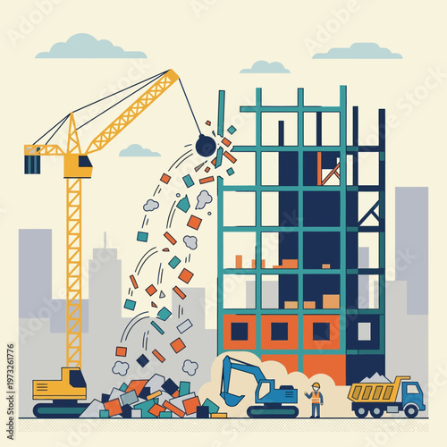 Demolition Site Illustration with Crane and Wrecking Ball Tearing Down a Building Structure in Flat Design Style