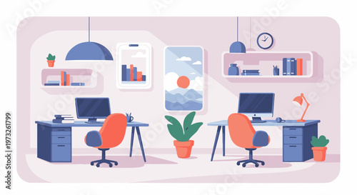 Modern office workspace with two desks and computer setups.