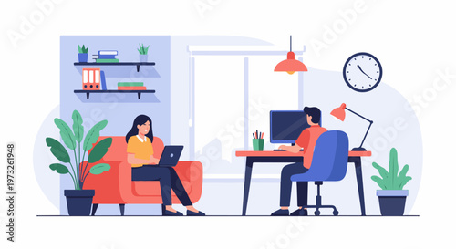 People working remotely from home using laptops and computers.