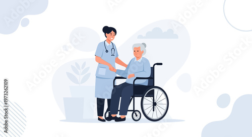 Nurse helping elderly woman in wheelchair, healthcare concept, illustration