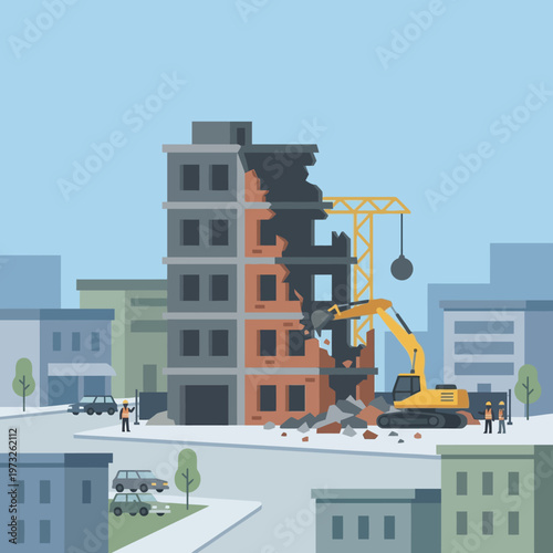 Urban Redevelopment Concept: Flat Illustration of Building Demolition with Excavator and Wrecking Ball in a City