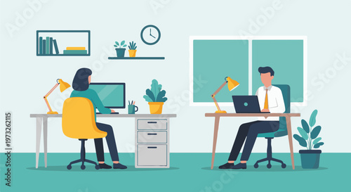 Two people working diligently at their desks in an office setting 4.