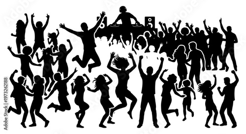 Party crowd silhouette vector, dancing people at music concert, nightclub event audience