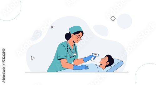 Nurse checks patient's temperature with infrared thermometer in hospital bed