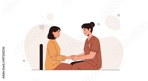 Nurse holding patient's hands, comfort and care, empathy, medical support, illustration
