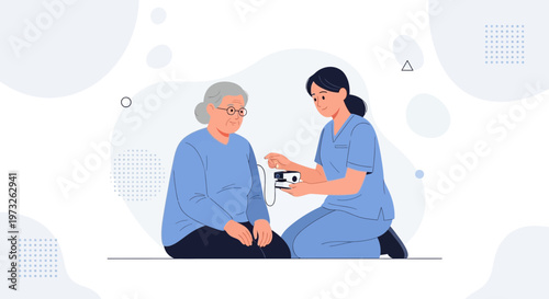 Nurse checks elderly woman's vital signs with medical device, healthcare concept