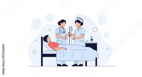 Nurses caring for patient in hospital bed with IV drip, flat illustration