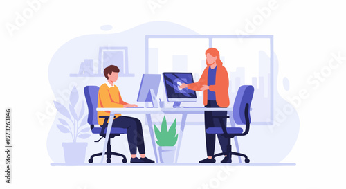 Two male colleagues collaborating on a project in a modern office setting 1.