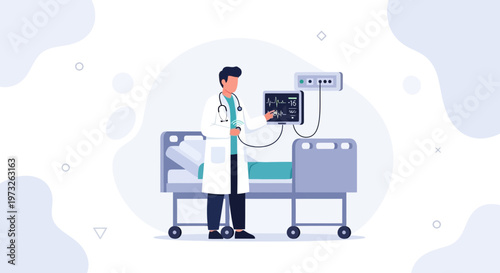 Doctor with Medical Equipment and Hospital Bed - Healthcare Illustration