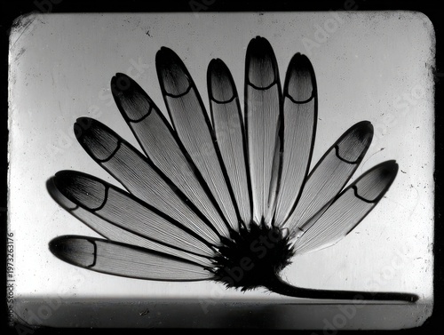 Delicate petal in black and white showcasing intricate geometric lines and soft blurred edges of natures beauty