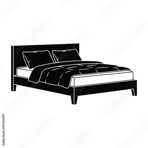 Vector illustration of a double bed with pillows and a duvet with queen bed with king bed with waking