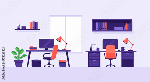 Modern office workspace with two desks and computer setups 2.