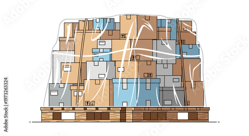Industrial vector illustration depicts a heavy wooden pallet stacked with numerous brown and blue shipping cartons tightly secured under clear shrink wrap.